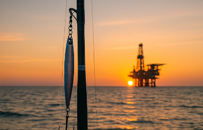 Vertical jig and fishing rod in front of an oil platform