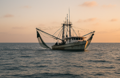 Shrimp boat offshore Louisiana at sunrise